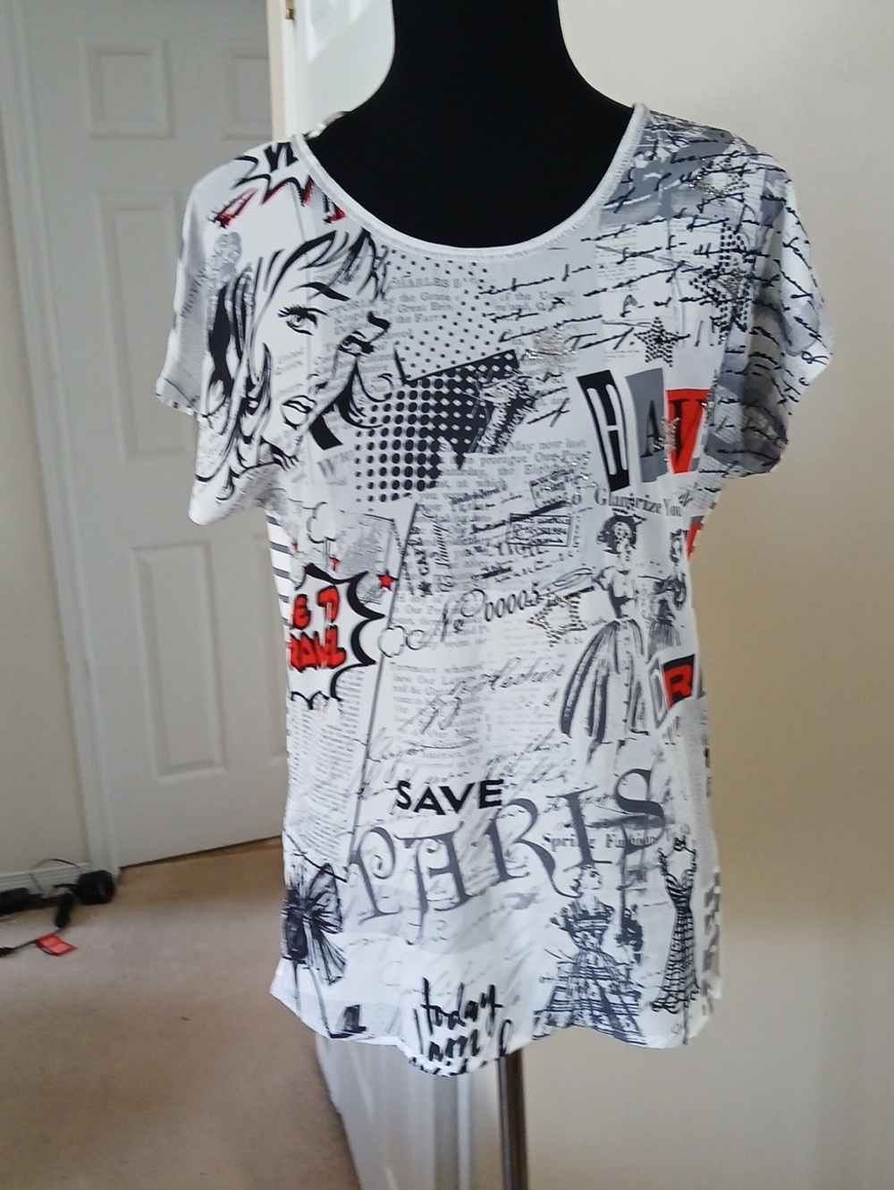 Women's Short Sleeve Graphic Tee in White with Black and Red Accents